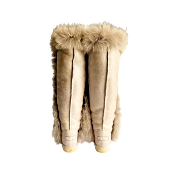 MOU Tall Winter Boots Stone Metallic Sheepskin Fur Trim Lace Up Sz 36 XS US 5 - Picture 6 of 13